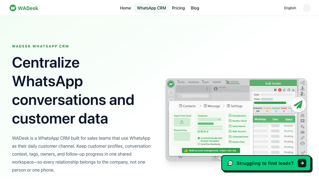 WhatsApp CRM website screenshot