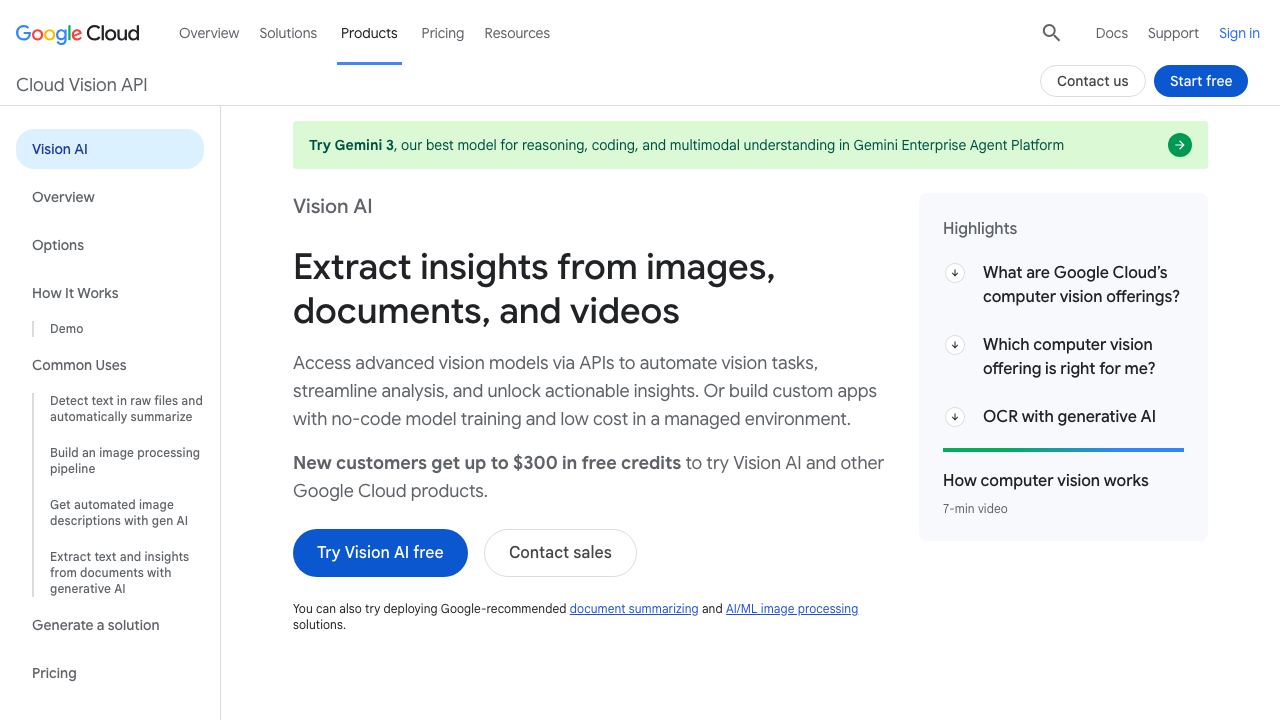 Google Cloud Vision AI 网站截图