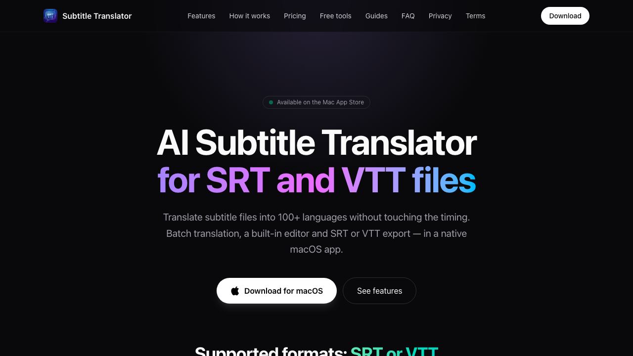 Subtitle Translation Tool website screenshot