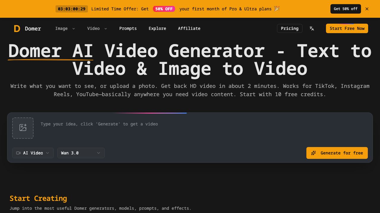 Domer AI Video Generator 网站截图