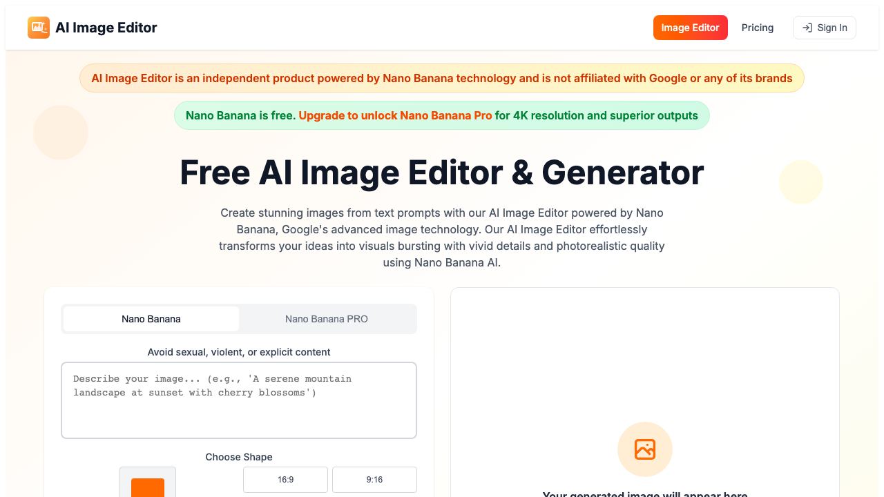 Free AI Image Editor & Generator | Powered by Nano Banana AI website screenshot