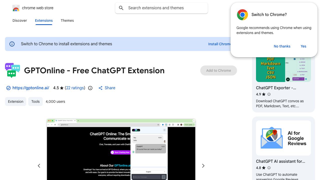 GPTOnline - Free ChatGPT Extension 网站截图