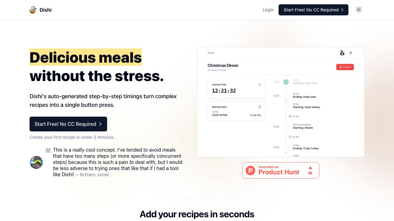 Dishi - The Meal Prep Timer website screenshot