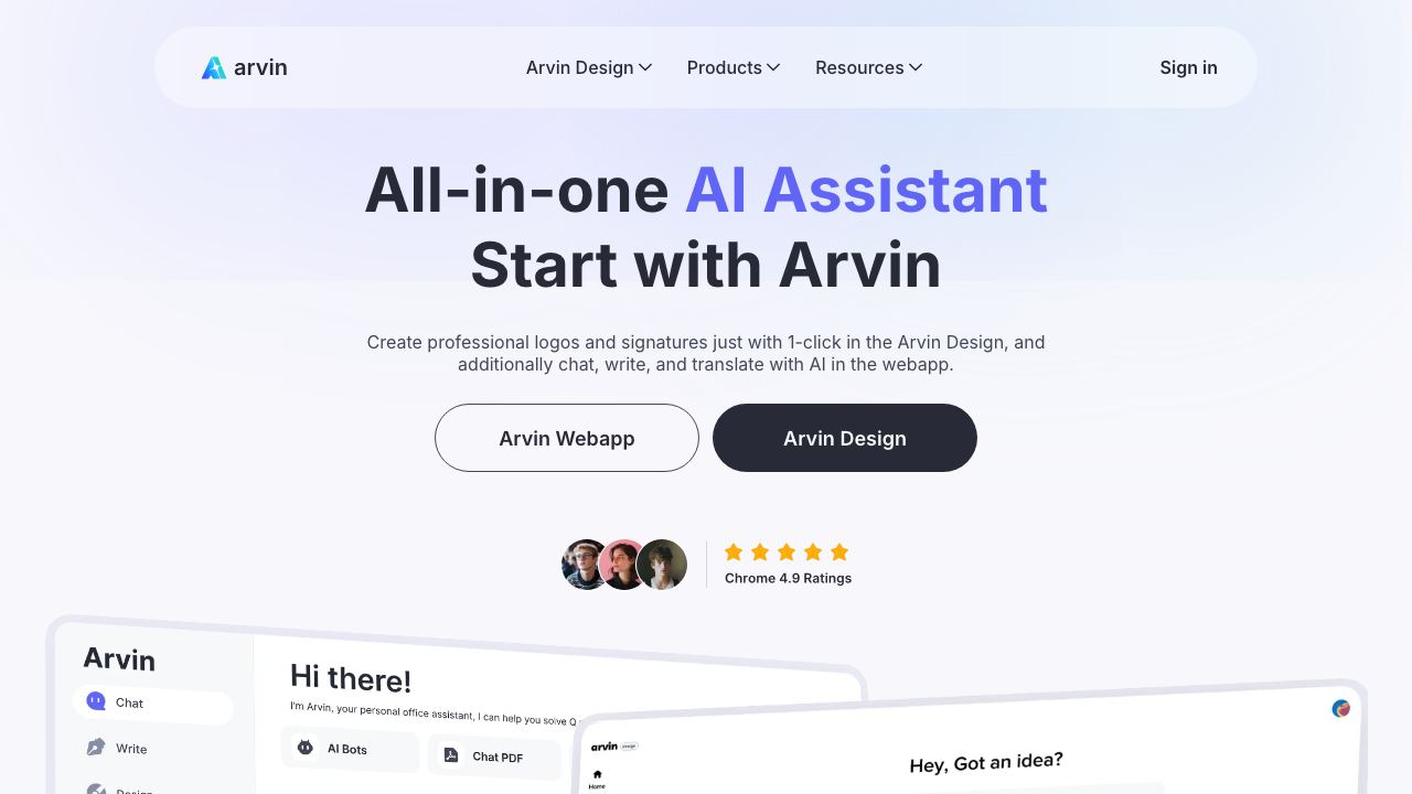 Arvin AI website screenshot