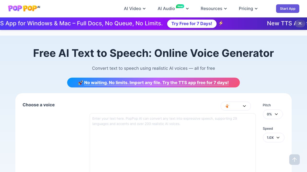 PopPop AI Text to Speech 网站截图