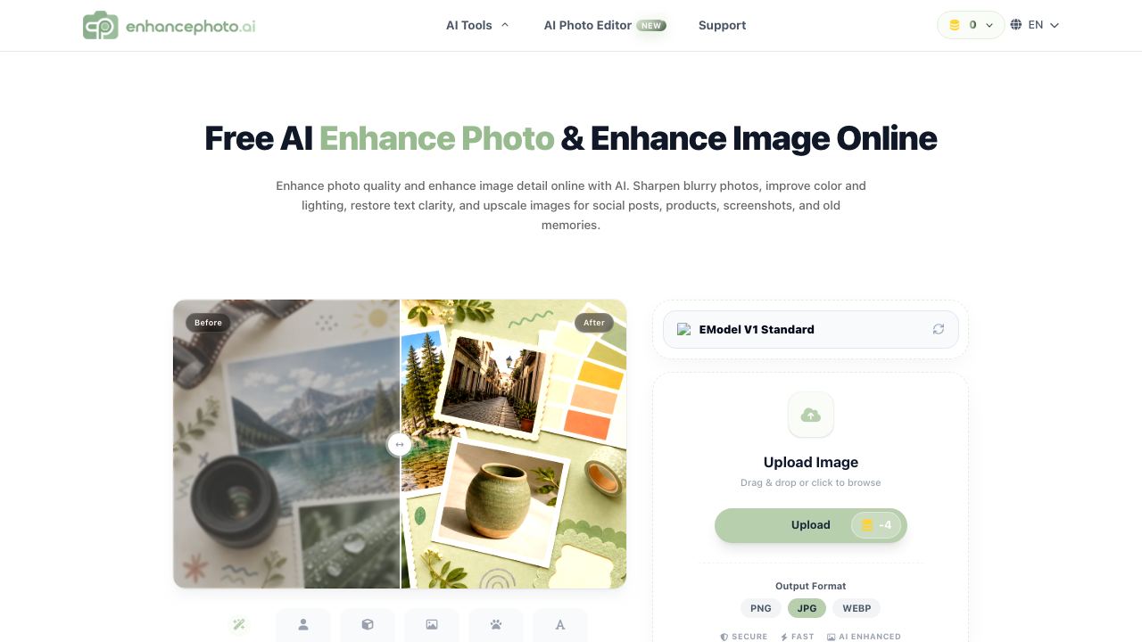 EnhancePhoto AI website screenshot