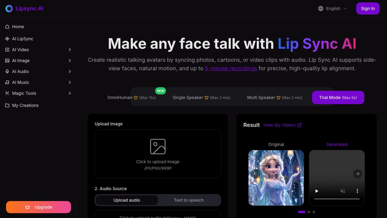 Lipsync AI website screenshot