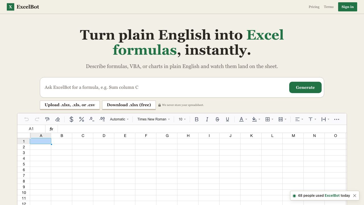 ExcelBot website screenshot