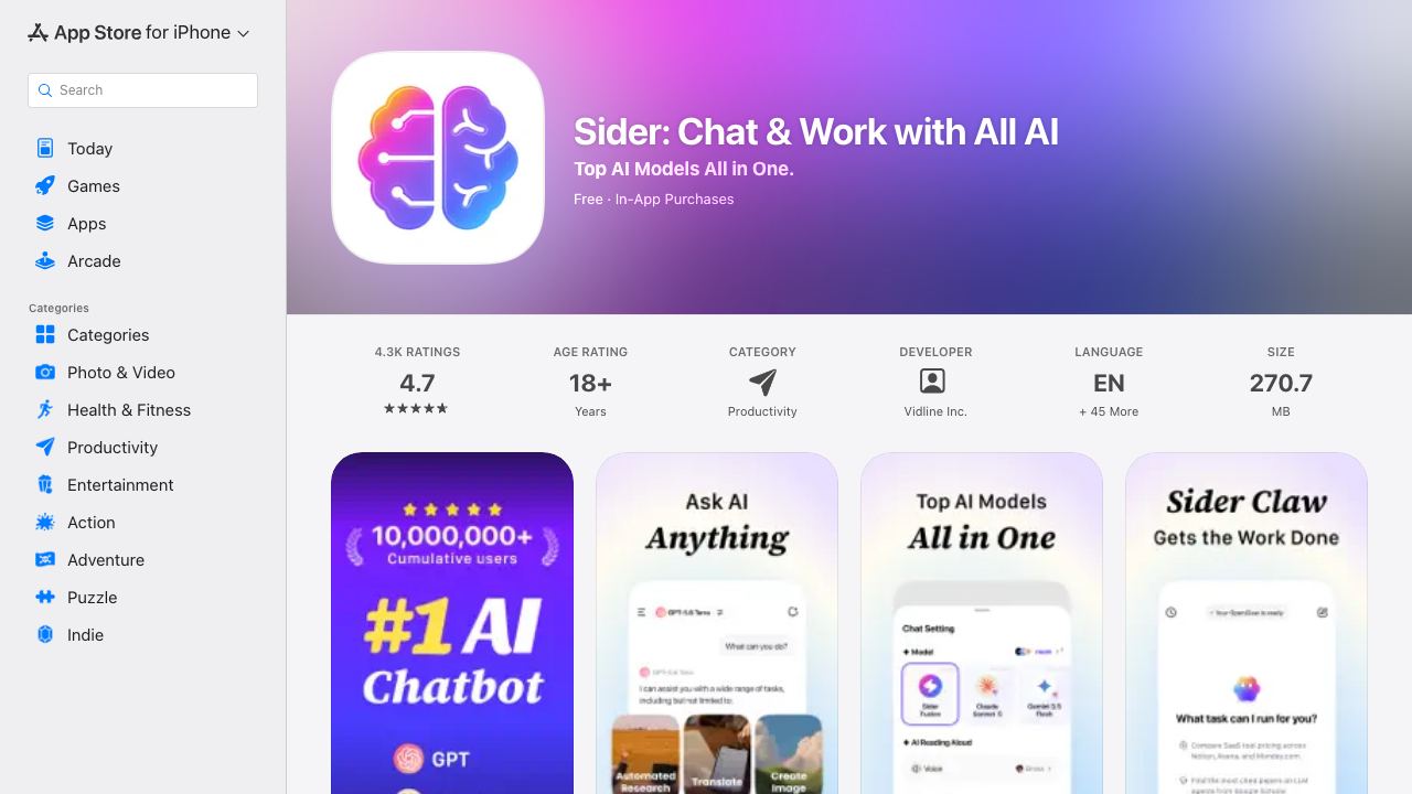 ChatScreen: Sider 2.0 for iOS 网站截图