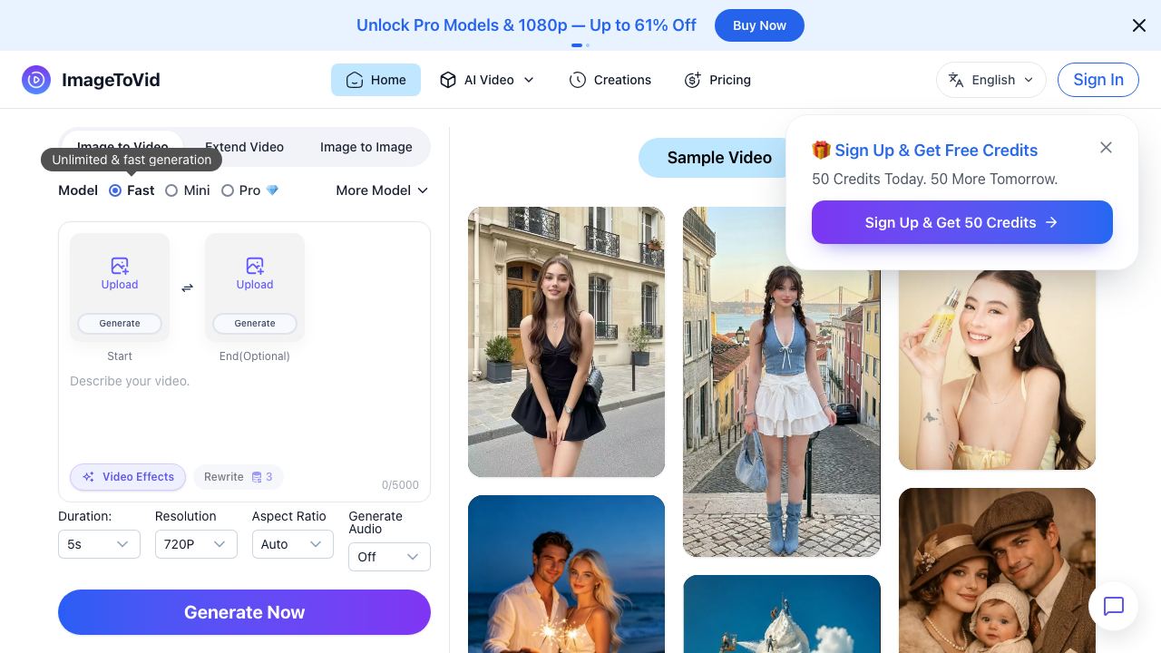 Free Image to Video AI Generator | ImageToVid AI 网站截图