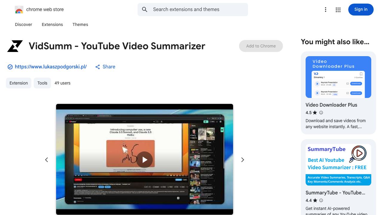 VidSumm - YouTube Video Summarizer website screenshot
