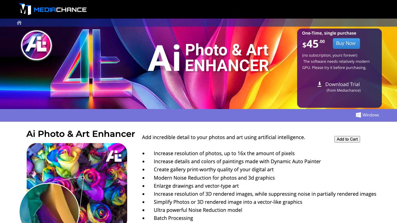 AI Photo & Art Enhancer - MediaChance website screenshot