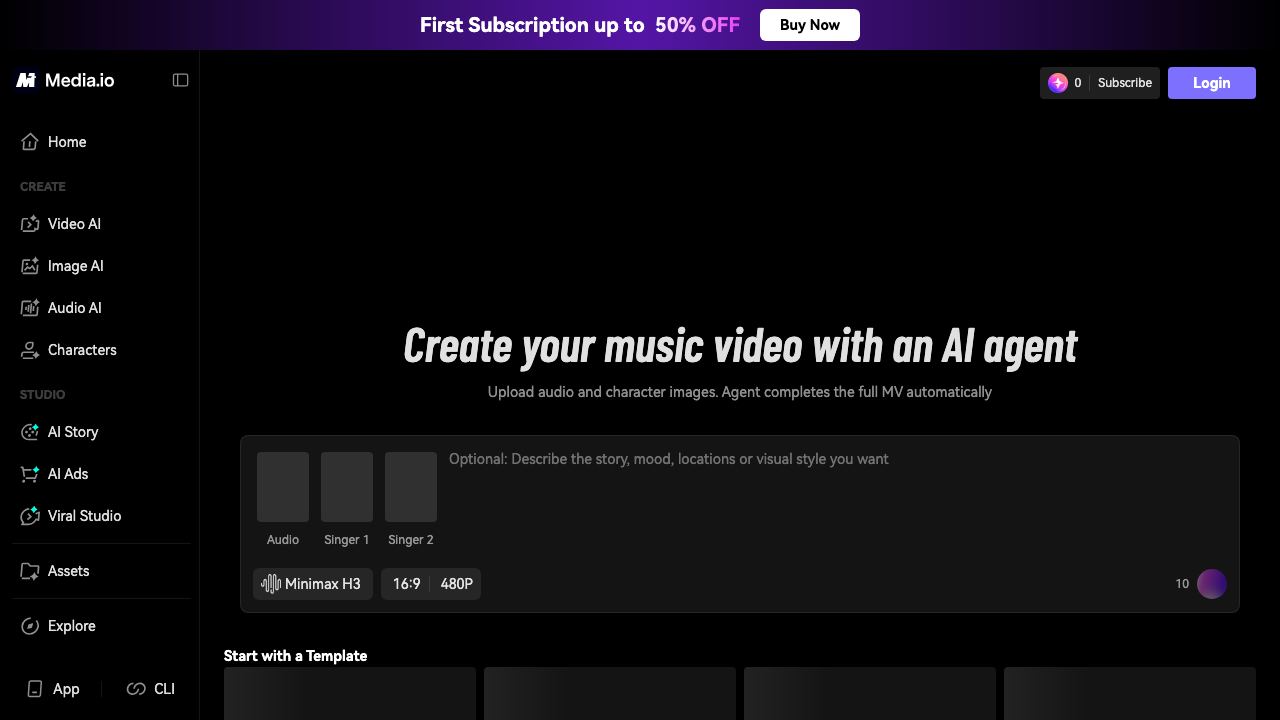 Media.io AI Music Video Generator website screenshot