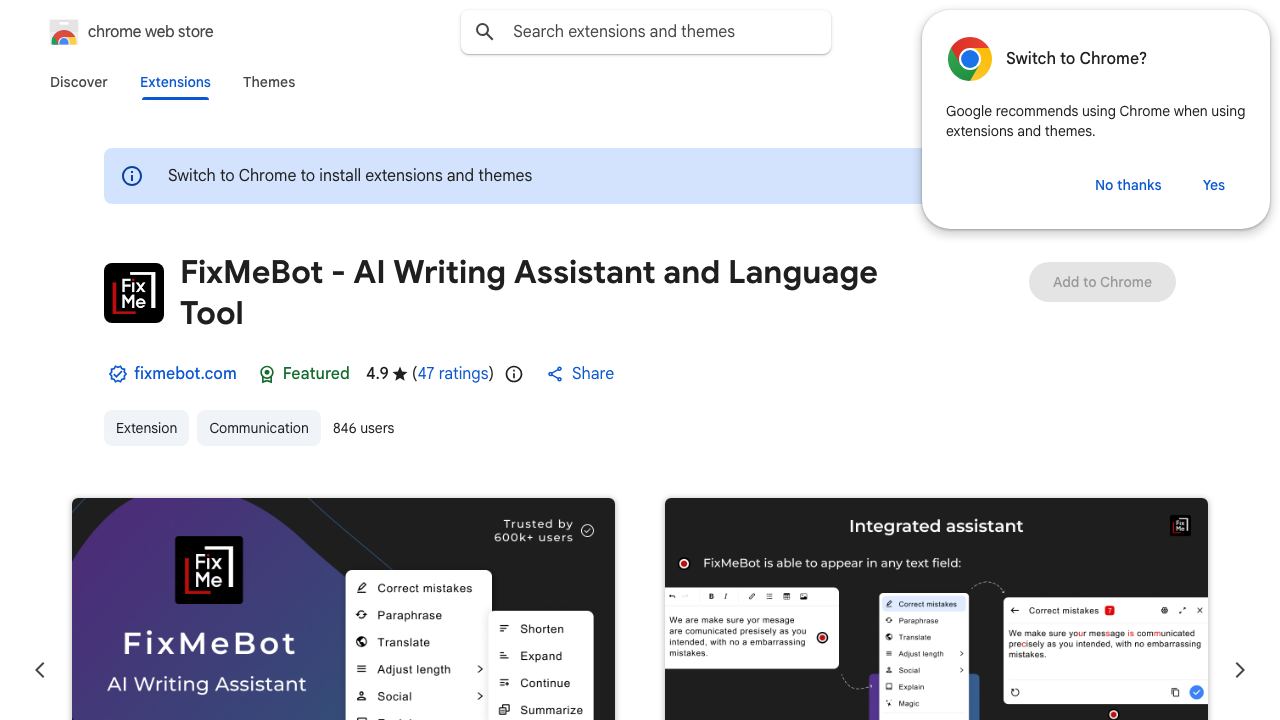 FixMeBot: AI Language Assistant website screenshot