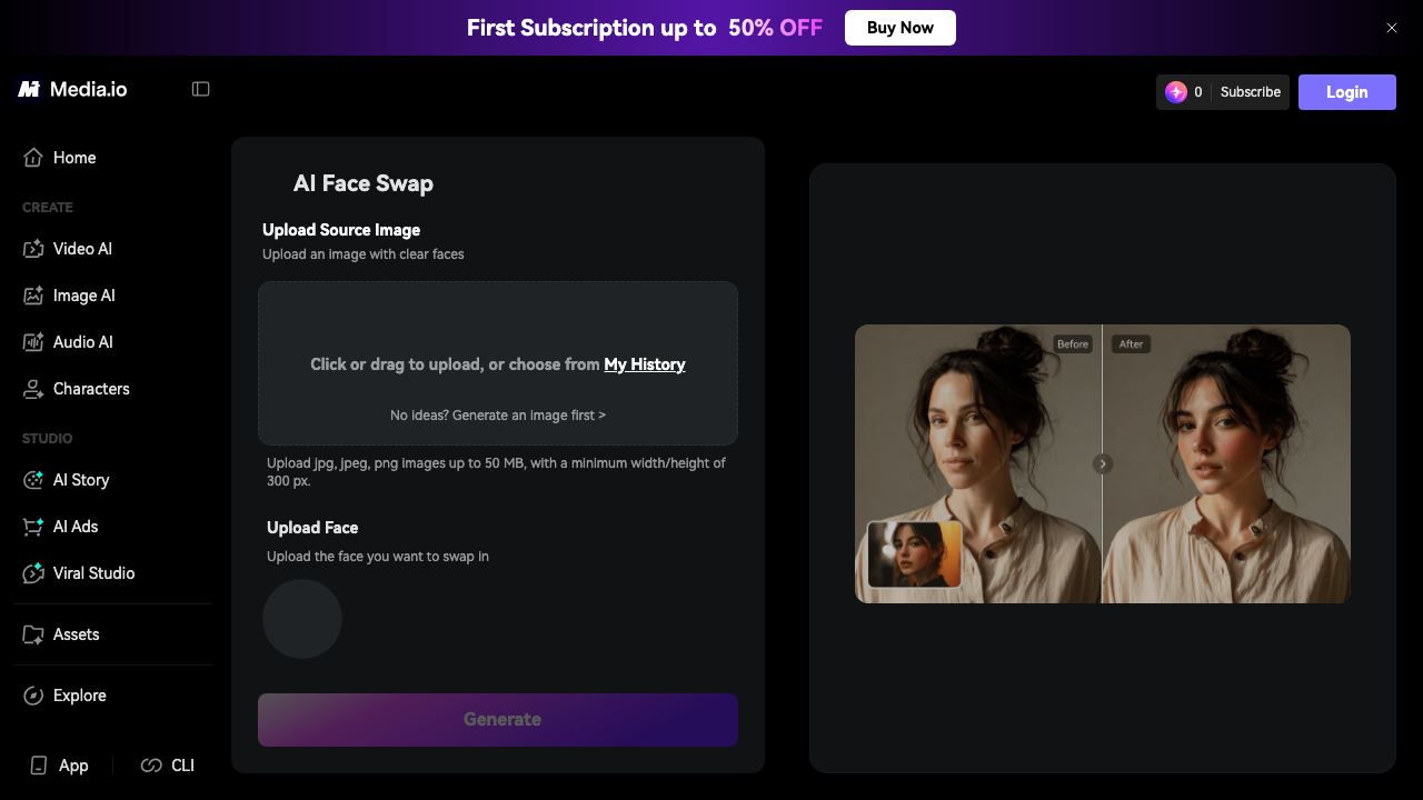 Media.io AI Face Swap website screenshot