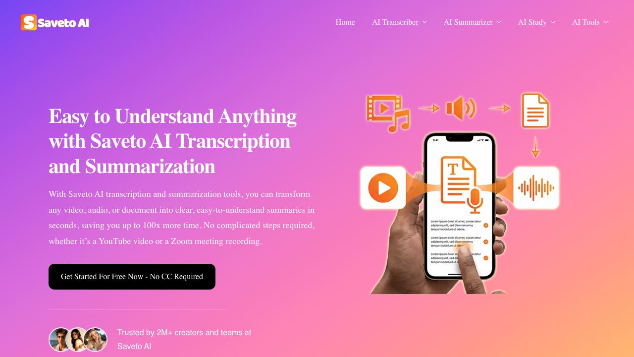 Saveto AI: All-in-One AI Video Transcriber and Summarizer website screenshot