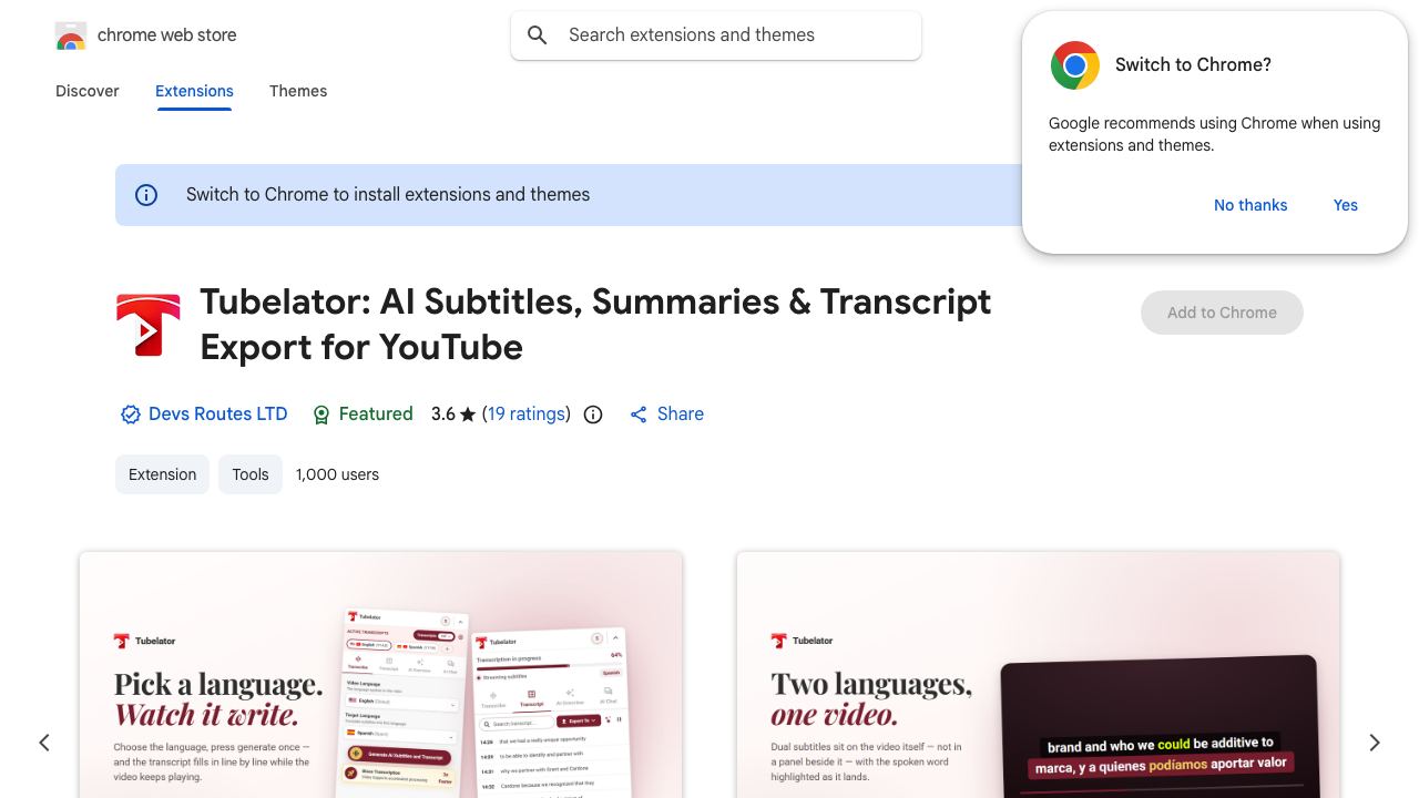 Tubelator: AI YouTube Subtitles and Chapters website screenshot