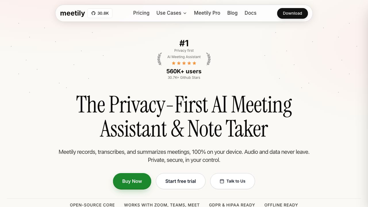 Meetily AI website screenshot