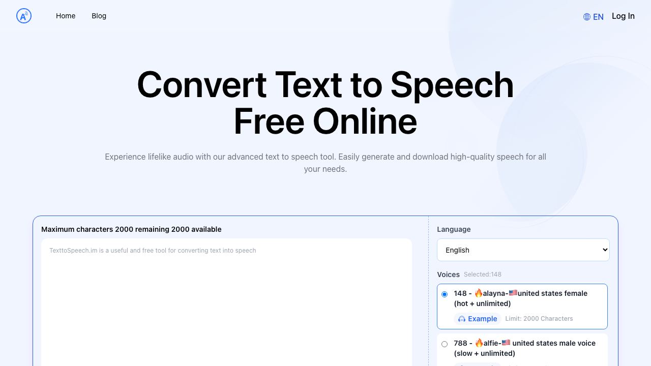 TexttoSpeech.im: Convert  Text to Speech Free Online website screenshot