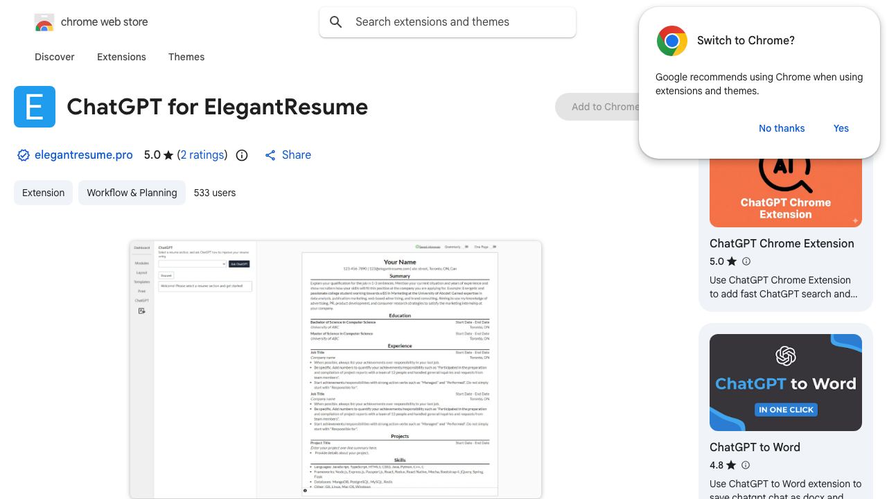 ChatGPT for ElegantResume 网站截图