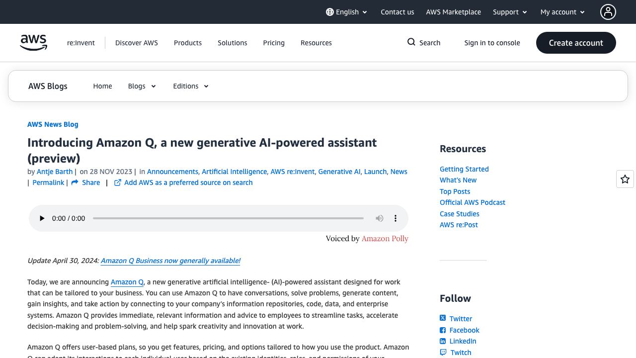 Amazon Q 网站截图