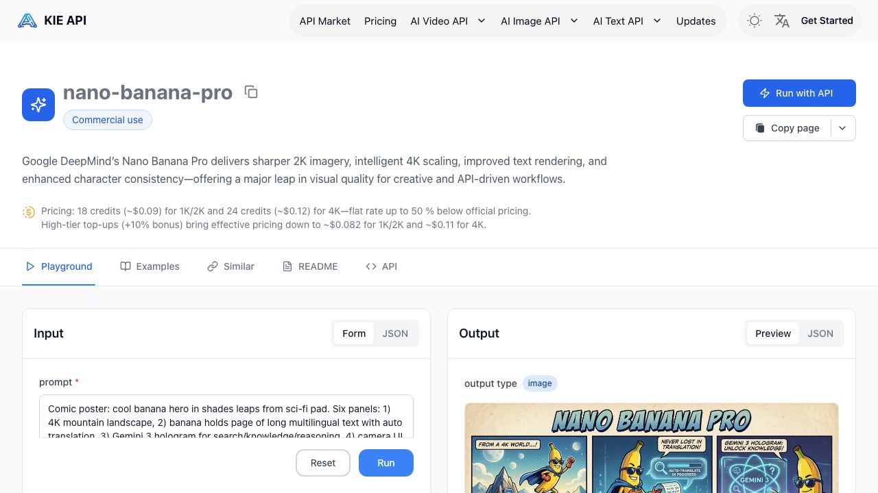 Nano Banana Pro API - Kie.ai 网站截图