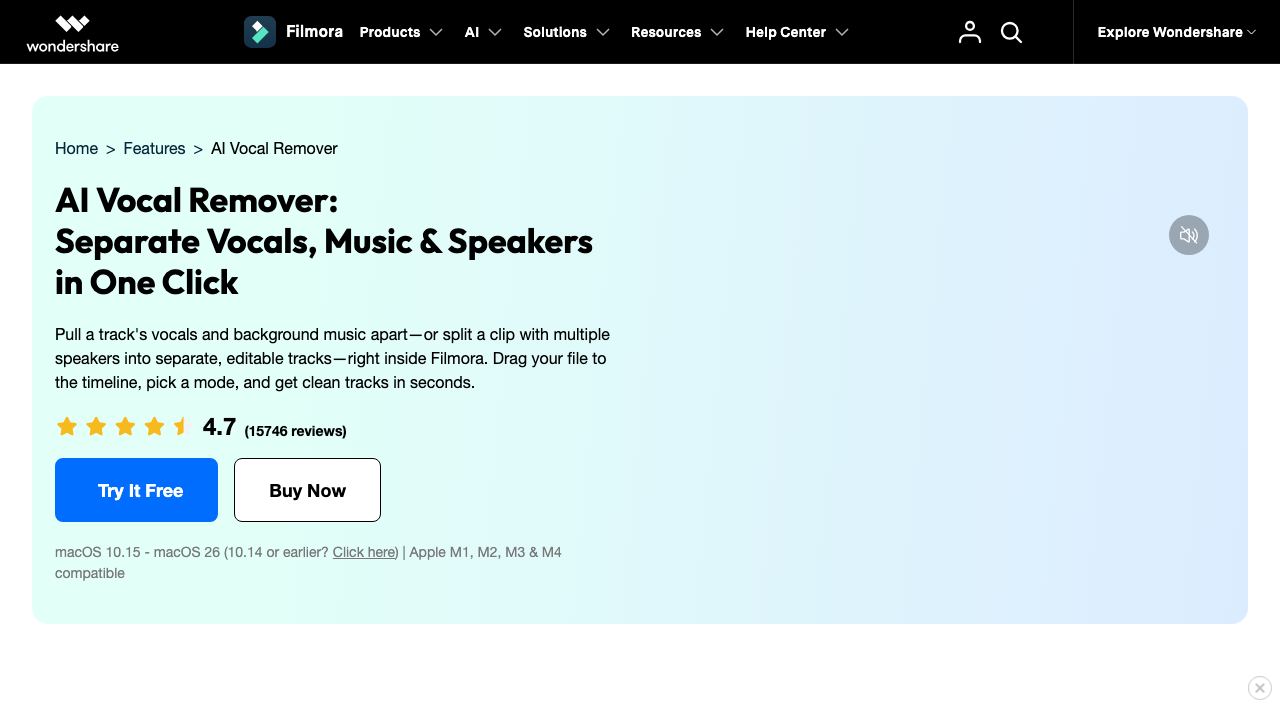 AI Vocal Remover - Filmora 网站截图