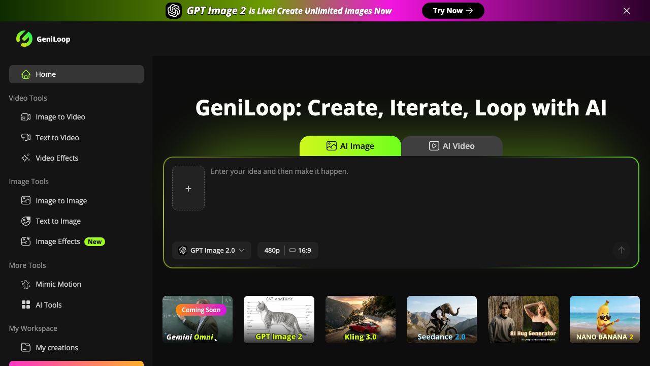 GeniLoop: All-in-one AI image & Video Generator 网站截图