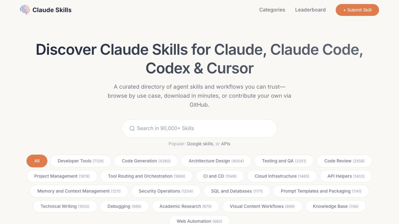 Claude Skills Library 网站截图
