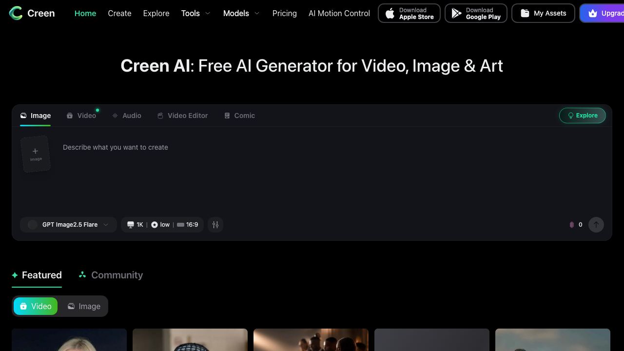 Creen AI: Free AI Image, AI Video 网站截图