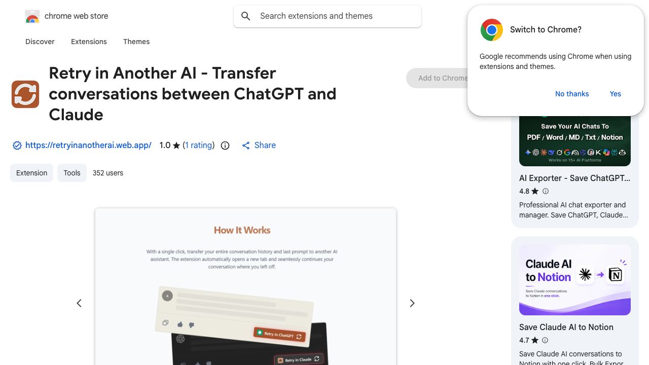 Retry in Another AI - Transfer conversations between ChatGPT and Claude website screenshot