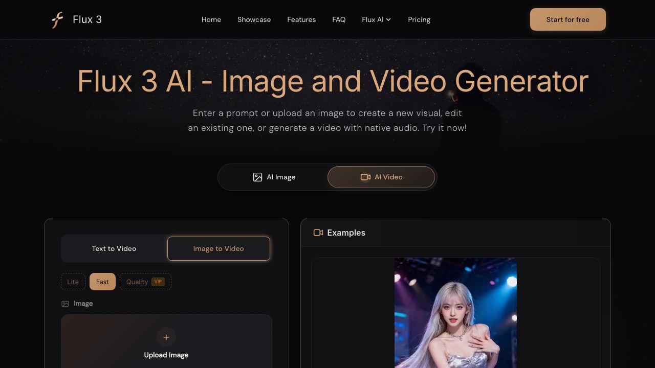 Flux 3 AI - Image and Video Generator website screenshot