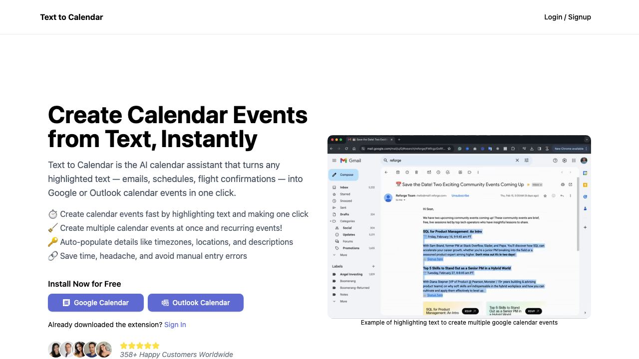 Text to Calendar website screenshot