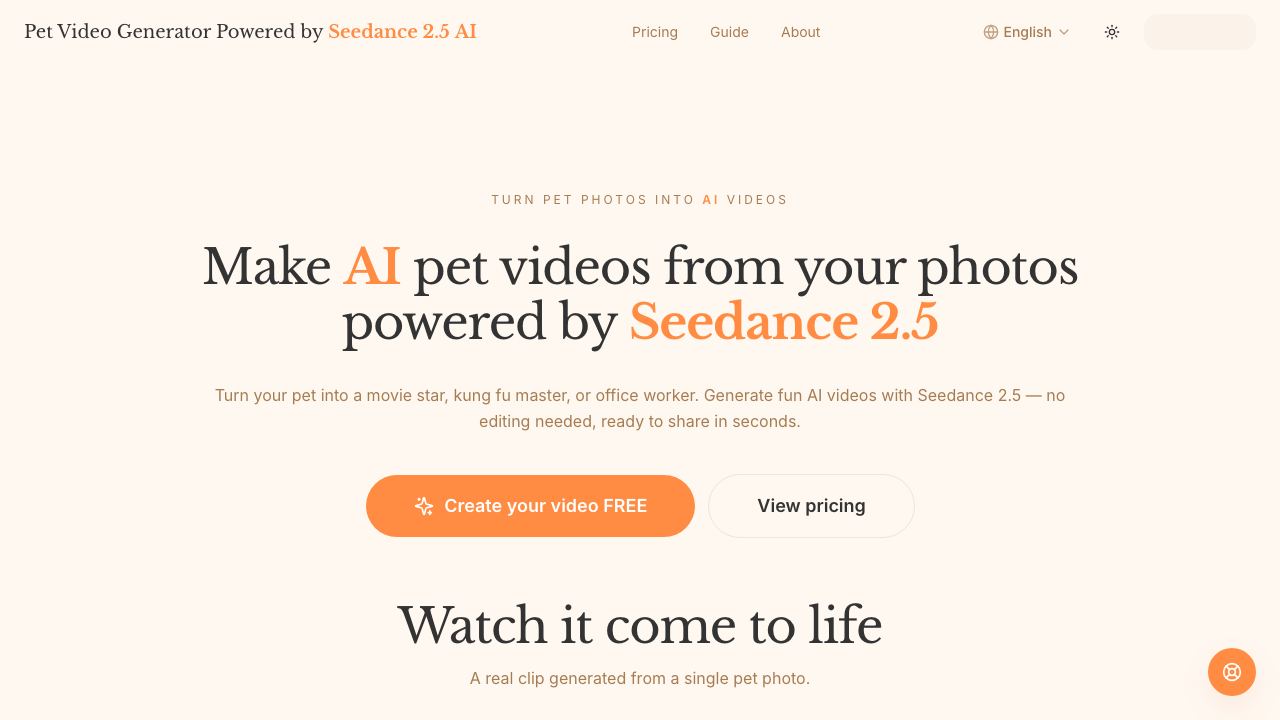 AI Pet Video Generator Powered by Seedance 网站截图