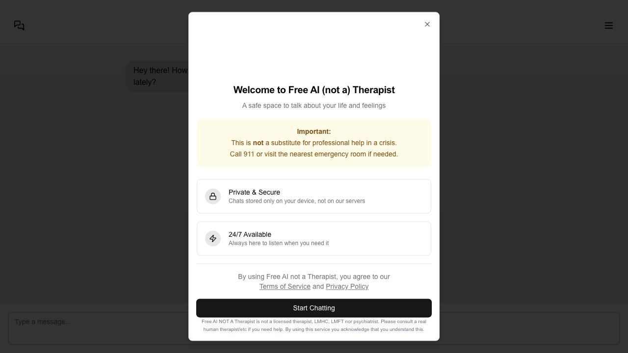 Free AI (not a) Therapist website screenshot