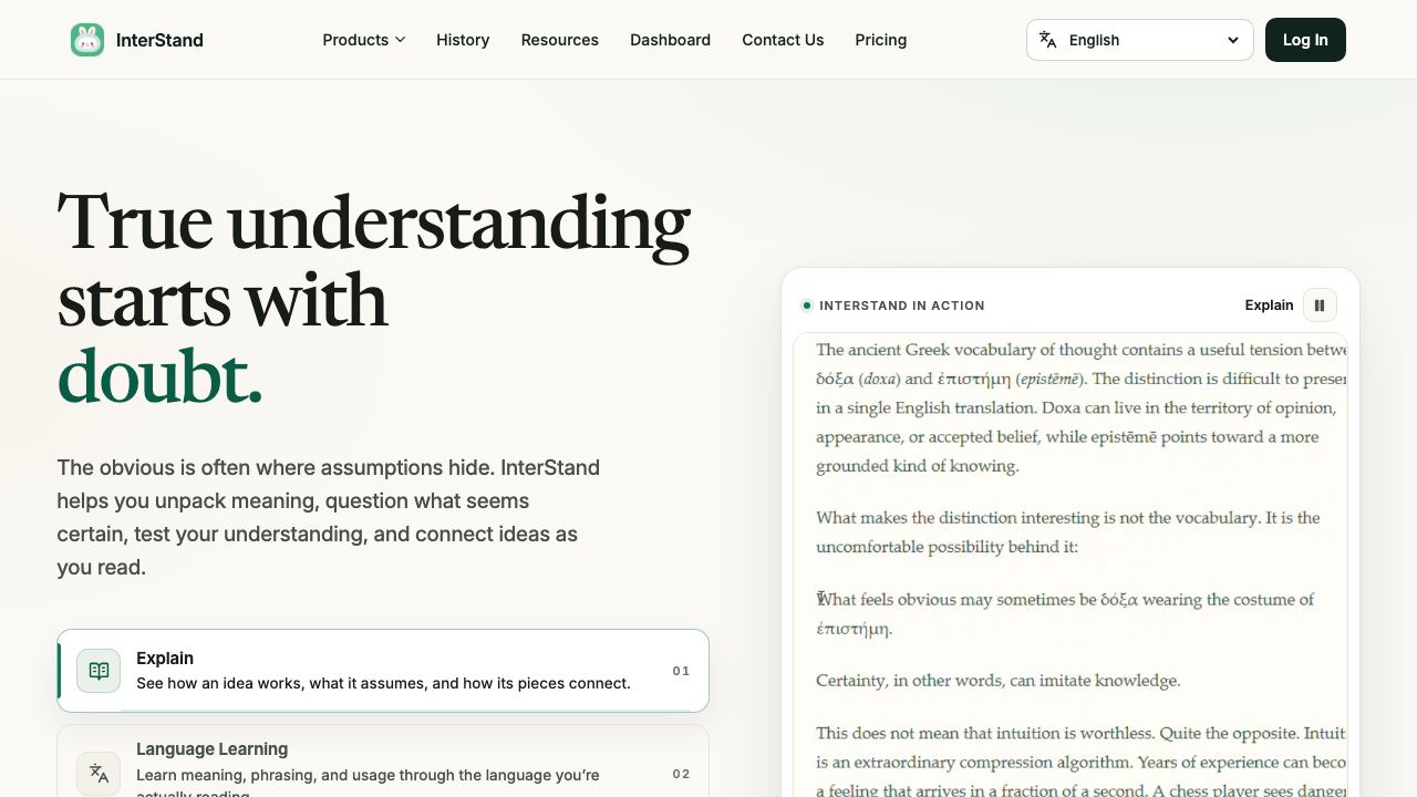 InterStand Chrome AI Reading Assistant website screenshot