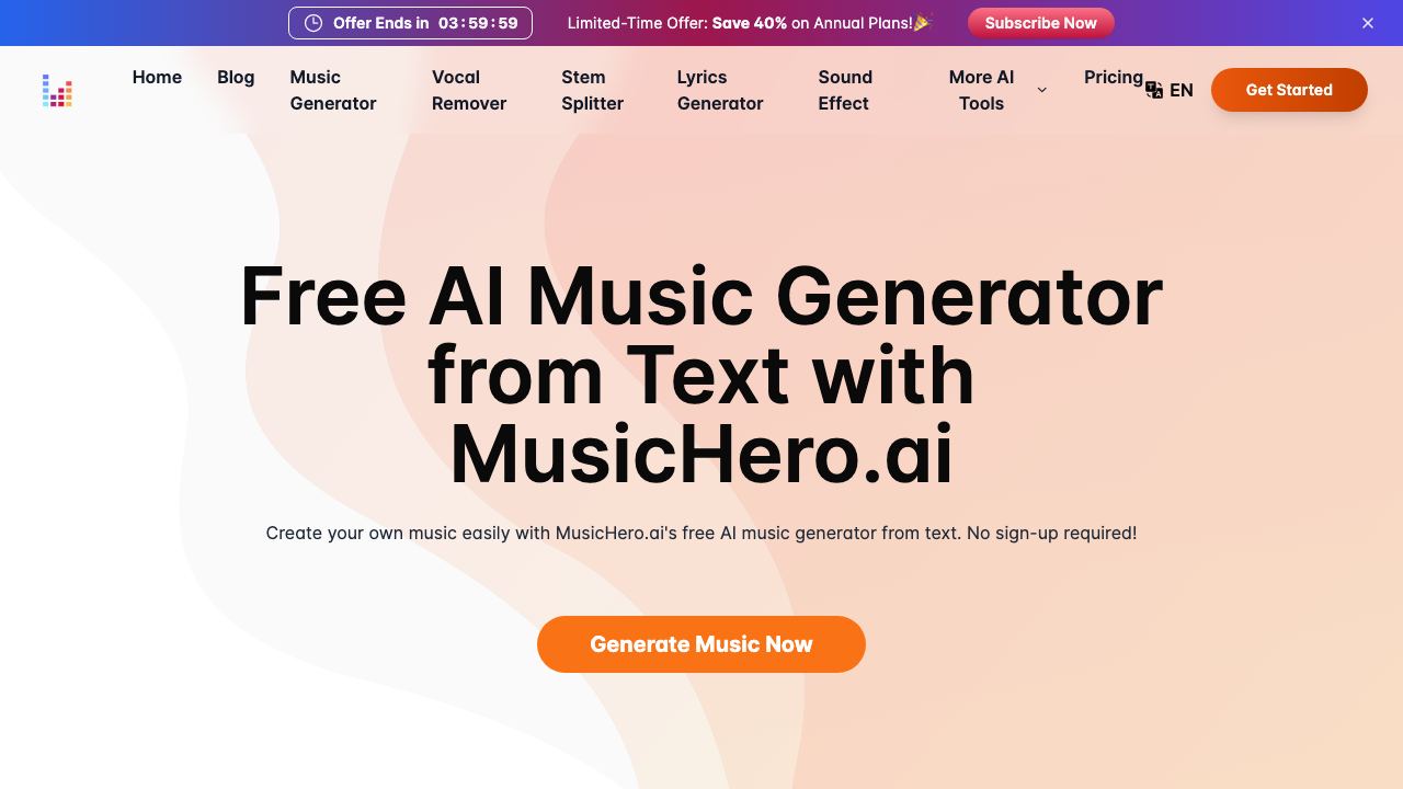 MusicHero.ai: Free AI Music Generator from Text Online 网站截图