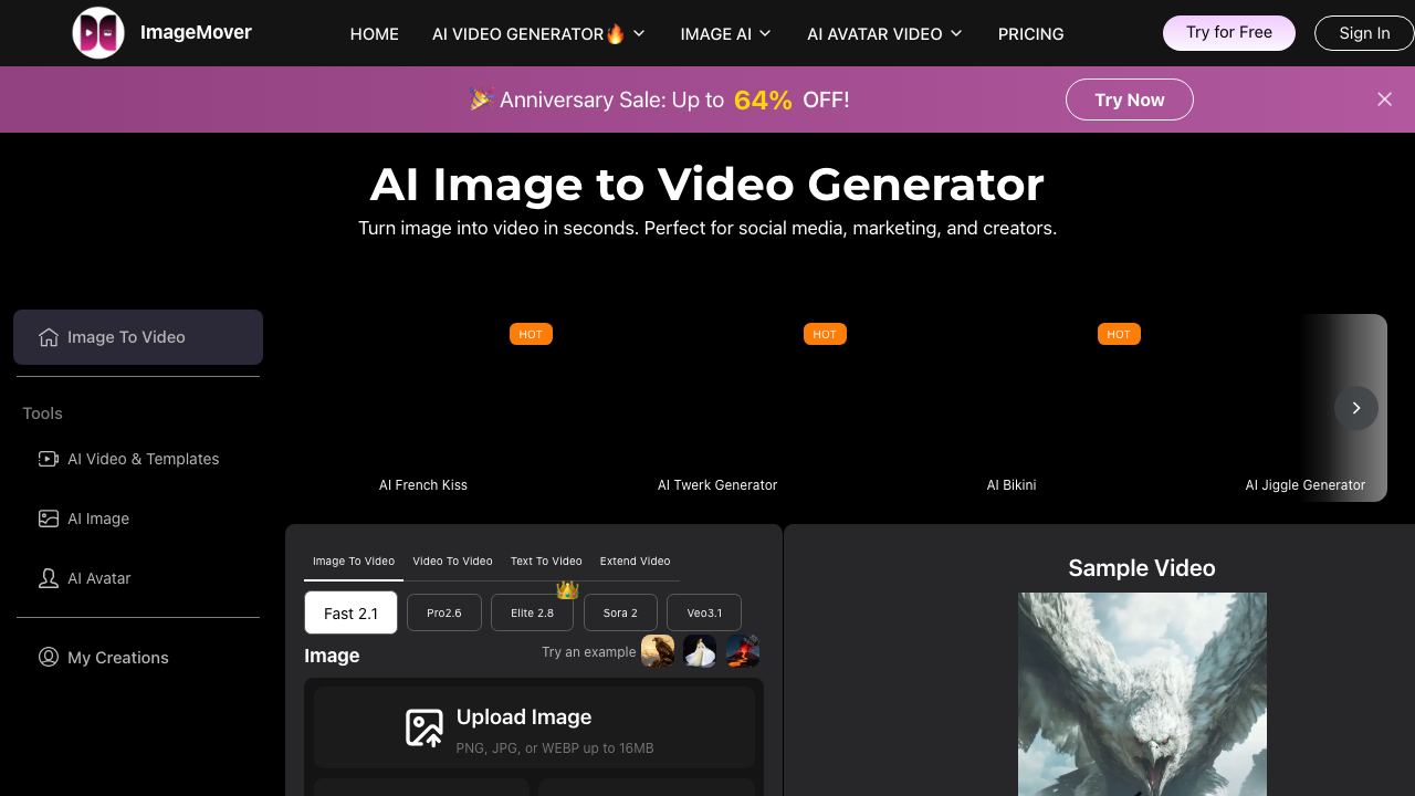 Image To Video AI - ImageMover 网站截图