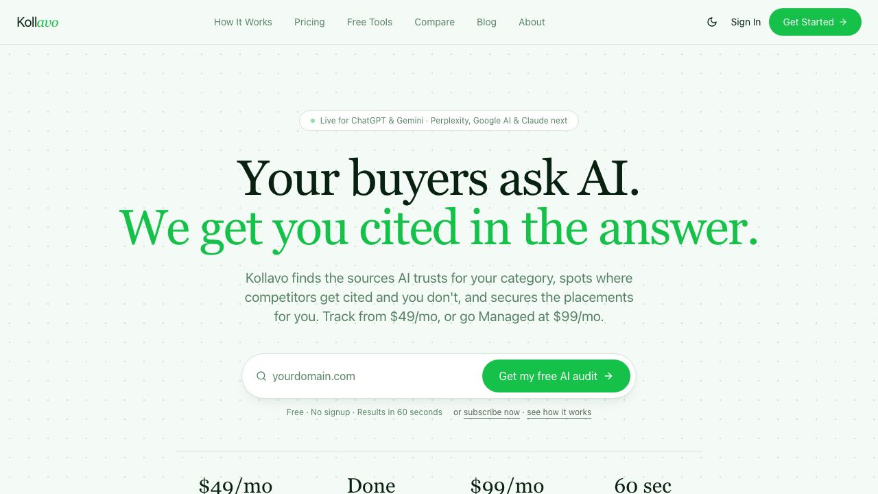 Kollavo - Get Cited in AI Search | $99/mo Managed Service website screenshot