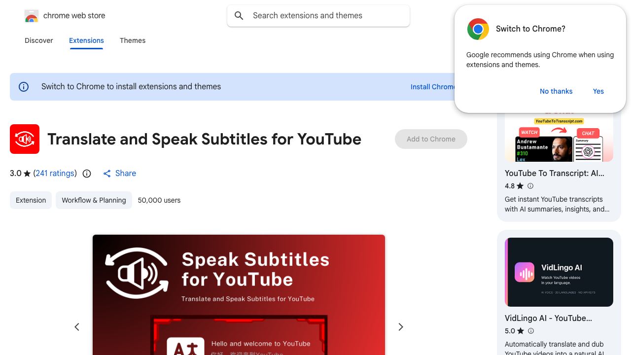 Translate and Speak Subtitles for YouTube website screenshot