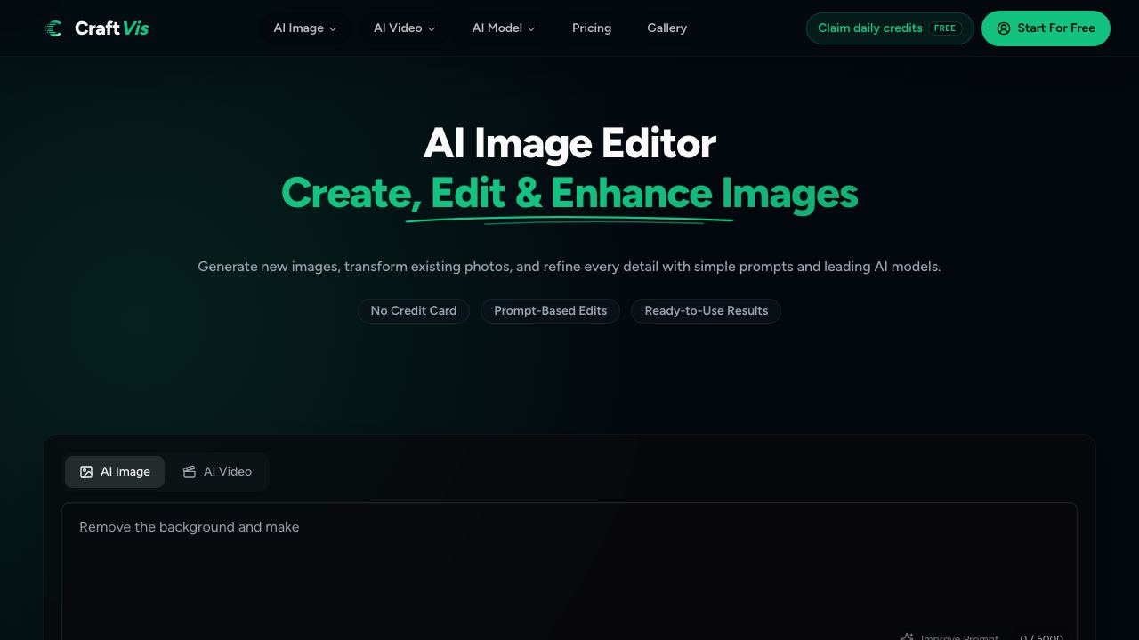 CraftVis AI Image Editor website screenshot