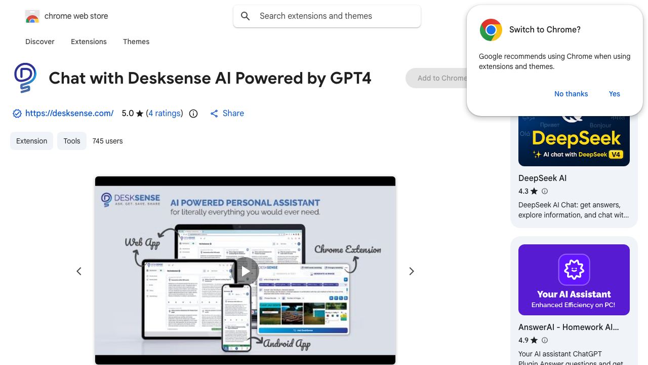 Chat with Desksense AI Powered by GPT4 website screenshot