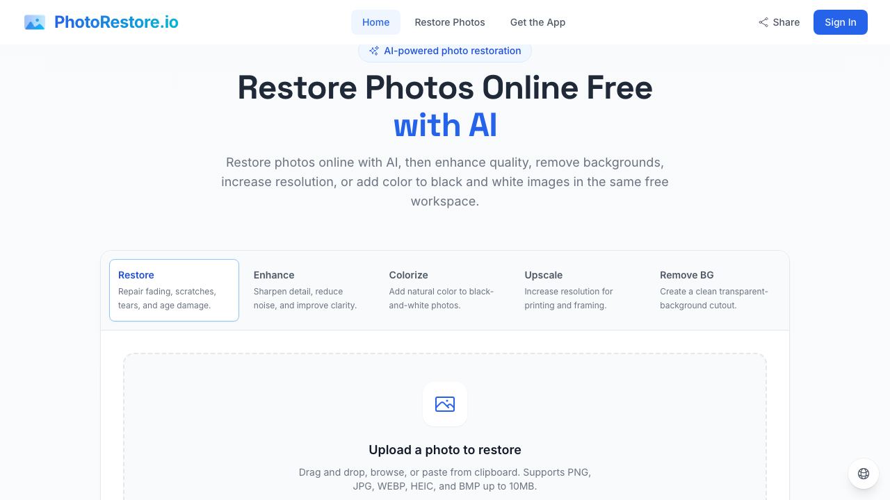 Photo Restore website screenshot