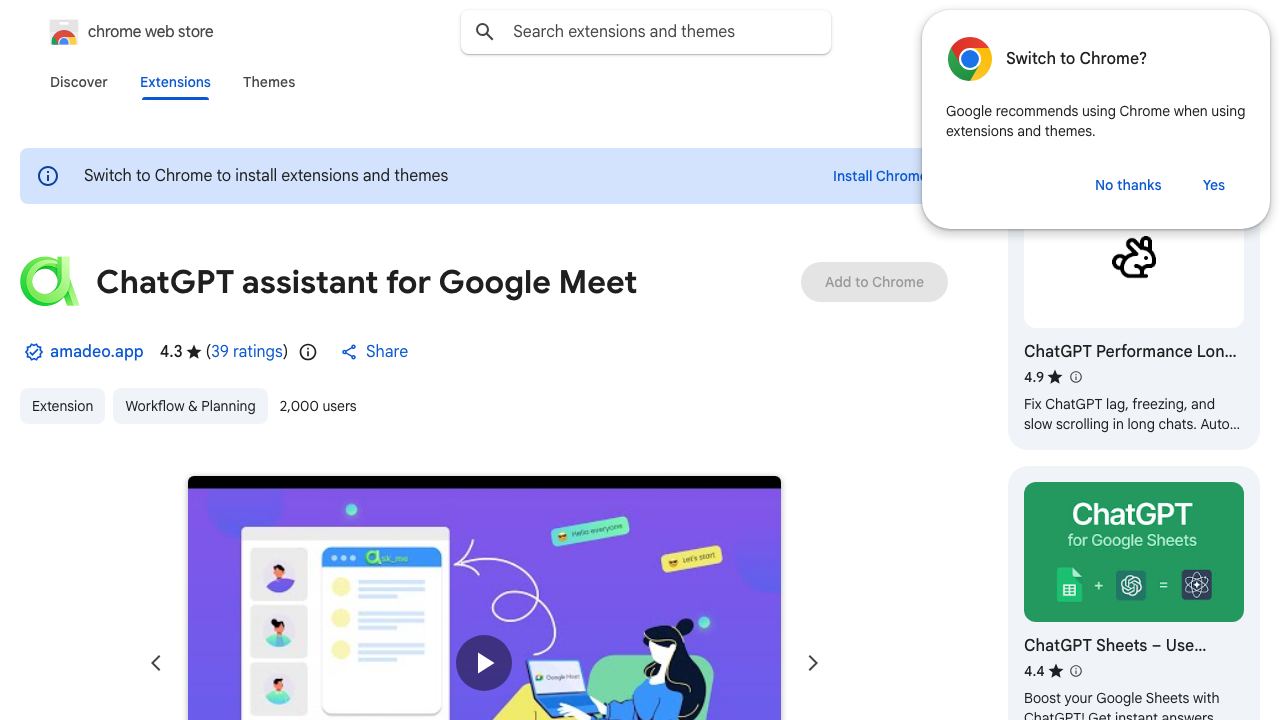 ChatGPT assistant for Google Meet website screenshot