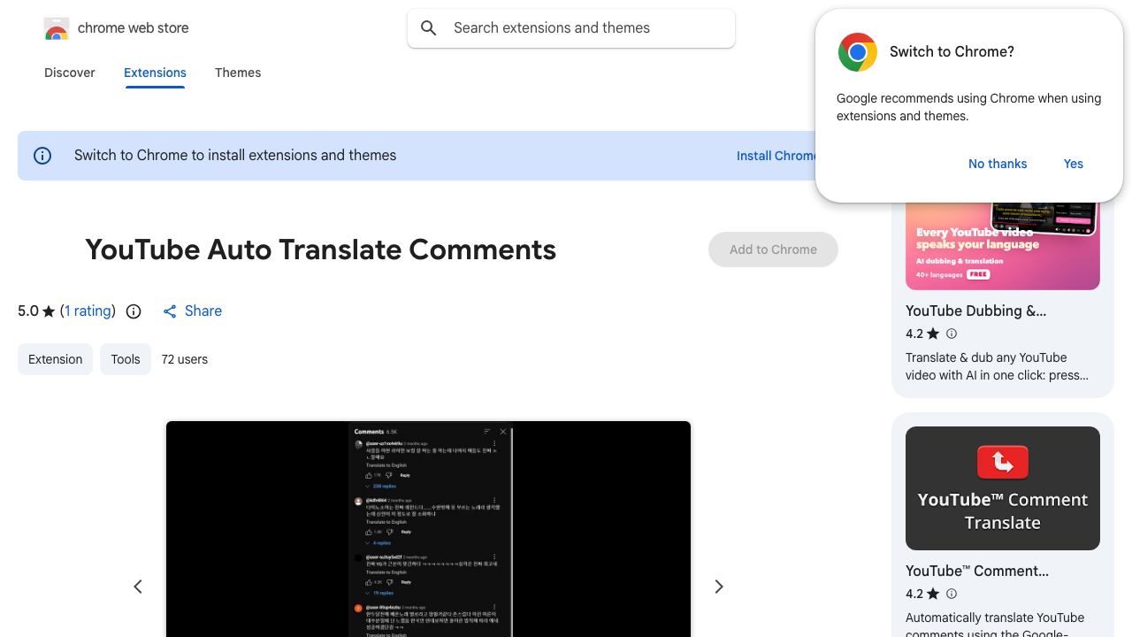 YouTube Auto Translate Comments 网站截图