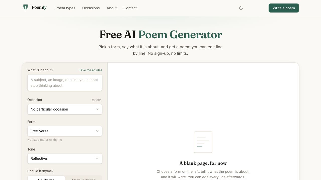AI poem generator 网站截图