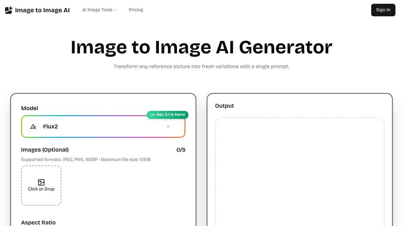 Image to Image AI – Free AI Image-to-Image Generator website screenshot