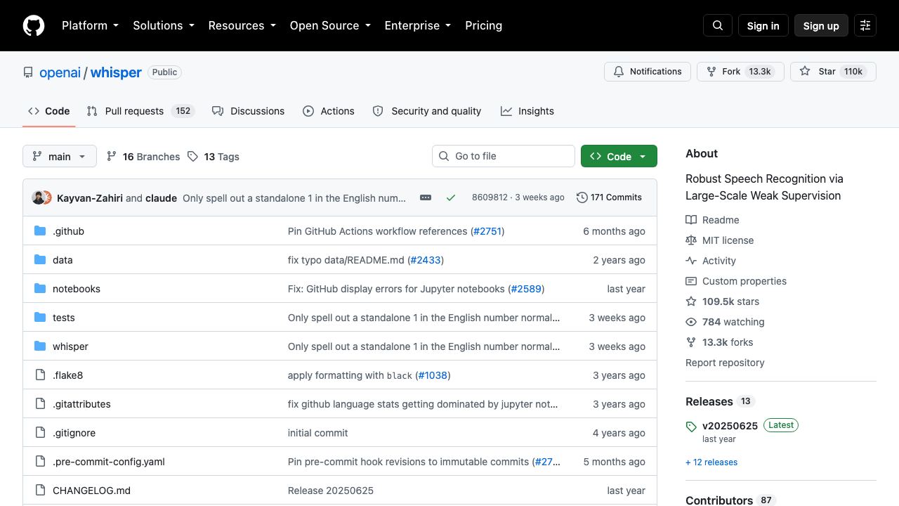 Whisper GitHub 网站截图