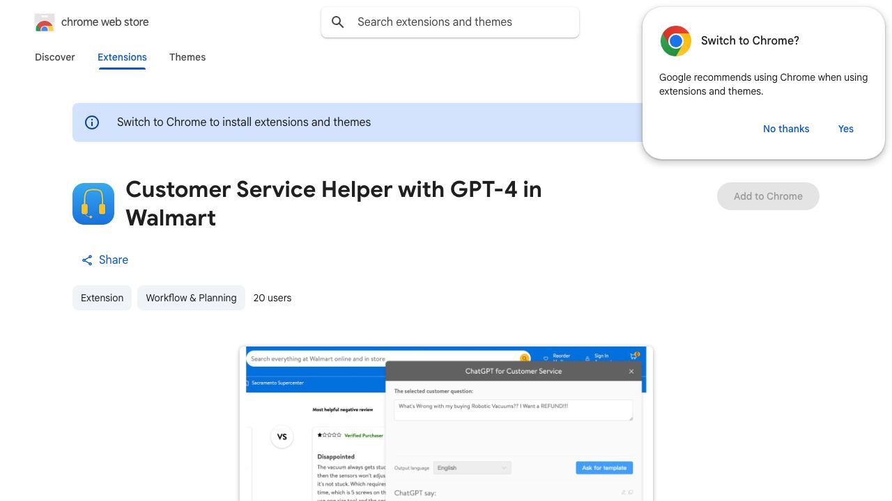 Customer Service Helper with GPT-4 in Walmart website screenshot