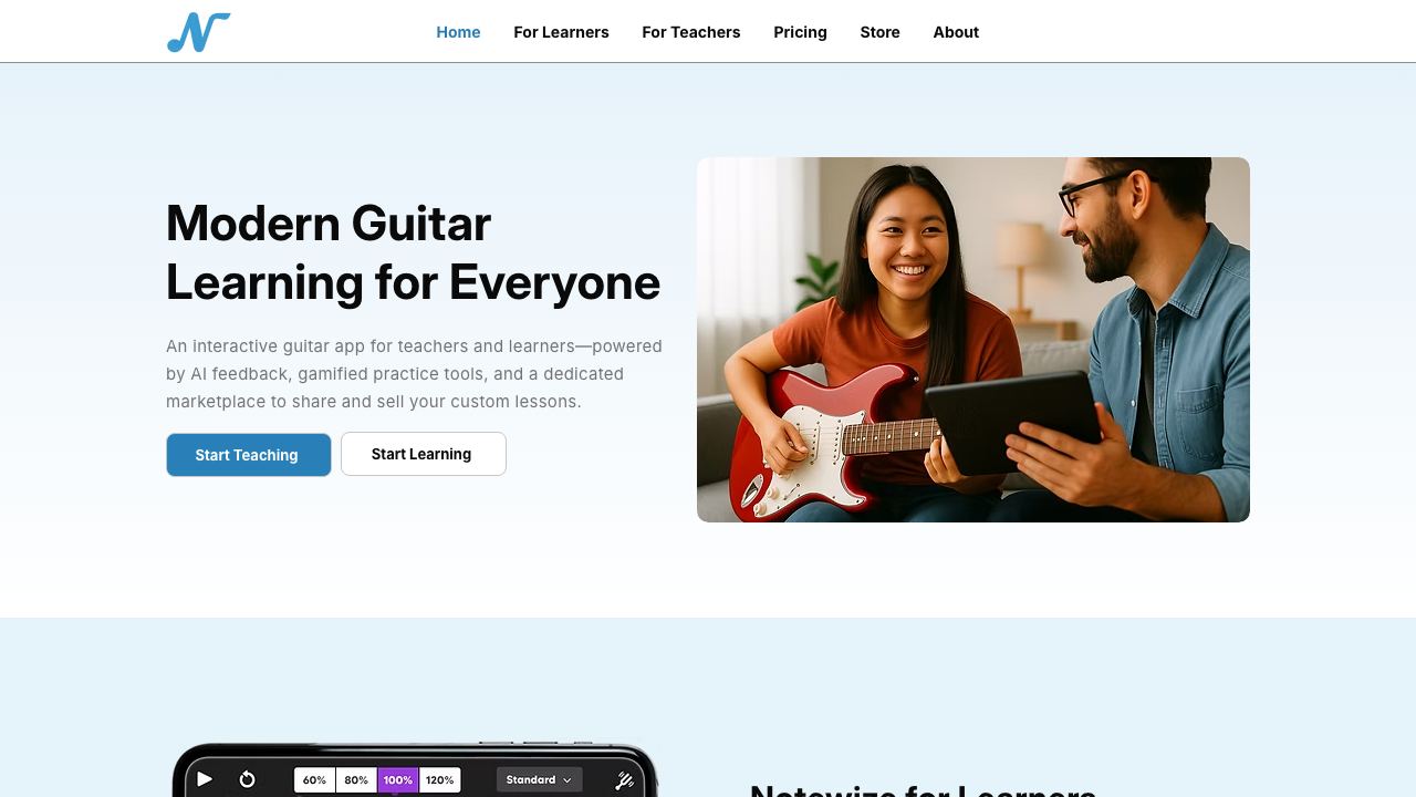 Notewize: Guitar Lessons website screenshot